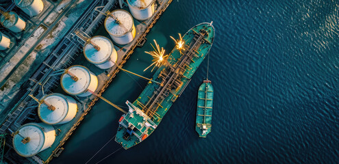 Canvas Print - A large oil tanker is docked at the port, carrying three giant white spherical tanks filled with yellow liquid gas on board. The entrance to an industrial complex can be seen in the background