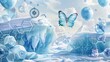 Frozen arctic setting with glacial liquids, ice hexagons, arctic butterfly, polar compass, and ice-colored balloons.
