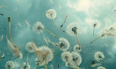 Dandelion fluff floating on a summer day