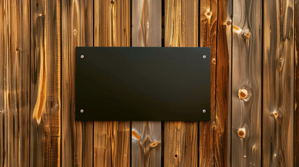 Wall Mural - A blank black sign mounted on a textured wooden wall, ideal for customization.