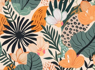 Collage contemporary floral seamless pattern. Modern exotic jungle fruits and plants illustration.
