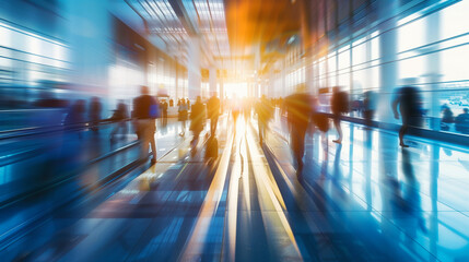 Blurred motion of busy people walking in a modern sunlit terminal with reflective floors.