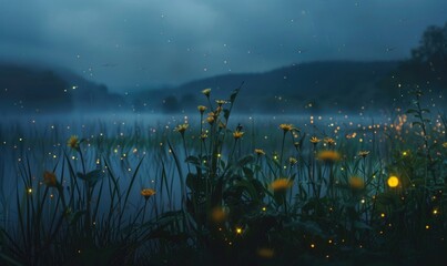 Wall Mural - Fireflies flickering in the darkness, mysterious lights