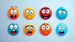 Colorful collection of eight cartoon emoji icons in various expressions on a light blue background.