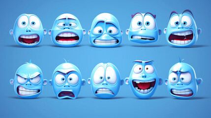 Poster - A collection of ten cartoon faces showing various exaggerated expressions on a blue background.