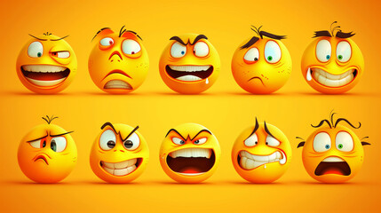 Poster - A collection of nine detailed emoticon faces displaying a range of emotions on a vibrant orange background.