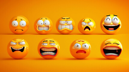 Poster - A collection of nine 3D emoticon faces exhibiting various emotions on a bright orange background.