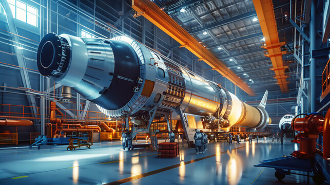 A large spacecraft in assembly inside a high-tech manufacturing facility hangar with workers.