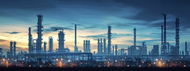 Capture the stark beauty of an oil refinery's silhouette against the sky for a compelling industrial tech campaign.