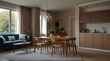 © Neelam - Light eating room interior with table and seats, stand and mockup frame.generative.ai
