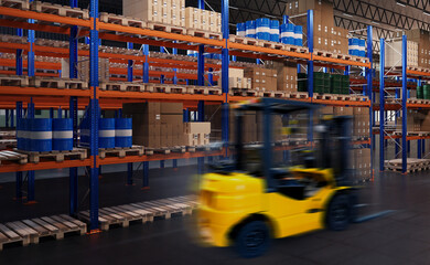 Poster - Warehouse center. Forklift passes near shelving. Logistics warehouse. Barrels and boxes on warehouse shelves. Retail company storage. Interior of modern storehouse. Distribution center. 3d image