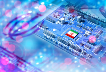 Poster - Microelectronics industry Iran. Iranian digital board. PCB computers. Microelectronics production in Iran. Microprocessor close up. Printed circuit board. Import microelectronics concept. 3d image