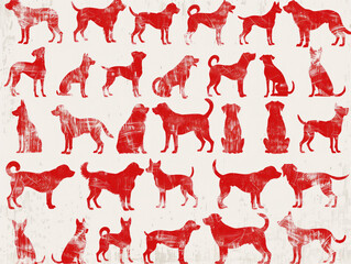 100 red grunge-style dog icons displayed on a white background for illustration.