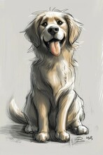 Rough Loose Color Pencil Cartoon Sketch Concept Character Art Of A Golden Retriever Dog With Fluffy Ears And Long Tongue, Dog Facing The Camera In Full Body Shot, In The Style Of The Animated Series