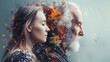 abstract white background website header banner old man and woman, memory camputer test, brain, warm and happy hopefully