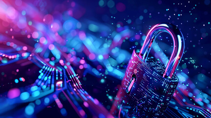 Poster - A vibrant digital padlock over a glowing circuit board background representing cybersecurity.