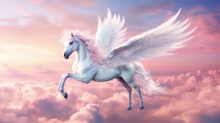 Ethereal pegasus watercolor illustration - Generative AI. White, pegasus, wings, clouds.