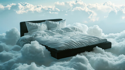 Sticker - Ethereal scene of a luxurious bed with silky white linens floating among soft white clouds under a blue sky.