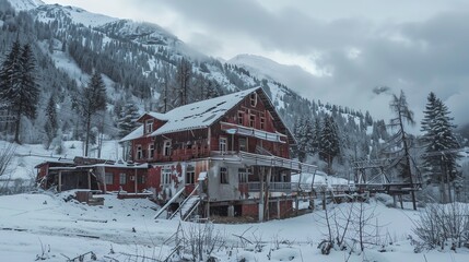 Canvas Print - A winter landscape with a focus on an abandoned building. The building is in a state of disrepair, with broken windows and a collapsed roof.