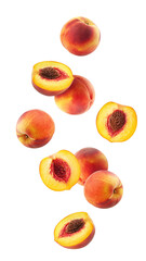 Wall Mural - falling peach isolated on white background, full depth of field
