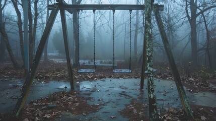 Canvas Print - An empty, eerie playground swing set sits in a forest on a foggy day. The ground is wet and covered in fallen leaves.