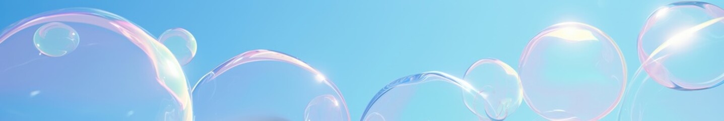 Poster - Soap transparent bubbles on sky background. Digital abstract style. Futuristic, sleek look. Ultra wide. Copy space		