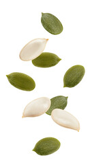 Wall Mural - falling pumpkin seed, isolated on white background, full depth of field