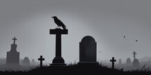 A Lone Raven Perched On A Tombstone In A Forgotten Graveyard