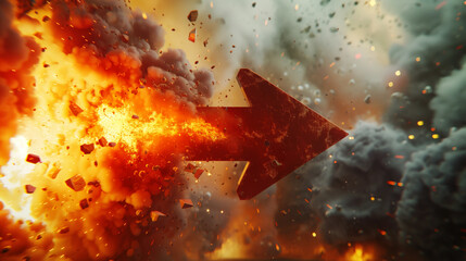 Sticker - A bold arrow surges rightward through a dramatic explosion with intense flames and floating debris.