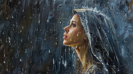 dramatic portrait of biblical woman in rain looking to heavens for guidance oil painting