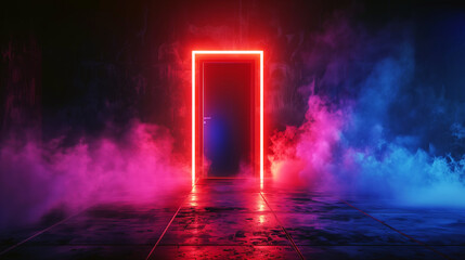 Wall Mural - Mysterious neon-lit doorway in a dark room with vibrant pink and blue fog creating a dramatic atmosphere.