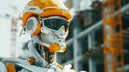 Canvas Print - Close-up of a highly detailed orange and white robot head against a blurred industrial background.