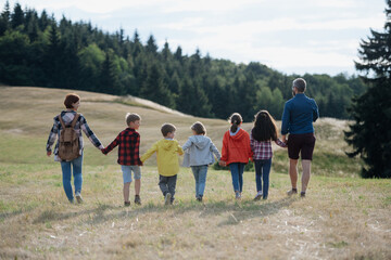 Poster - Young students walking across meadow during biology field teaching class, holding hands. Dedicated teachers during outdoor active education teaching about ecosystem, ecology.