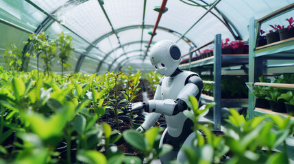 Poster - A futuristic robot tending to young plants in a bright, modern greenhouse, showcasing technology in agriculture.