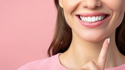  Dental banner. close up Woman point finger to showing white teeth, pastel background. beautiful smile. Teeth whitening. Happy woman