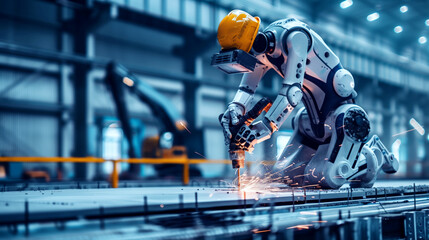 Canvas Print - An industrial robot in a factory setting, wearing a safety helmet and performing welding work with sparks flying around.