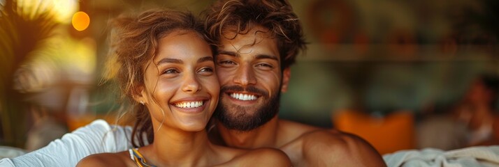 Sticker - Smiling couple enjoying vacation, embracing each other happily under the summer sun