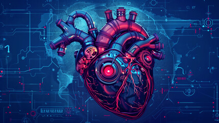 Canvas Print - Illustration of a mechanical heart intertwined with pipes and glowing elements on a circuit background.