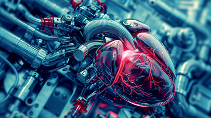 Wall Mural - Detailed futuristic artwork depicting a glowing red heart integrated with complex machinery.