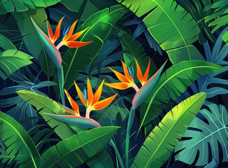 Strelitzia reginae flower in the jungle, vector illustration