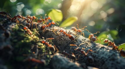 Wall Mural - majestic red wood ant colony in lush forest environment closeup nature photography