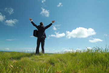 Professional businessman celebrates his triumph in the meadow, raising his arms in exultation and euphoria, surrounded by the serene and peaceful nature of the green grass and blue sky