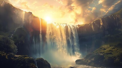 Wall Mural - majestic waterfall landscape with radiant sun heavenly illustration of genesis 11 bible verse