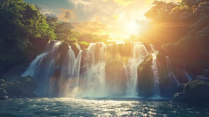 Wall Mural - majestic waterfall landscape with radiant sun heavenly illustration of genesis 11 bible verse