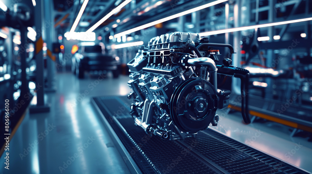 Detailed image of a car engine on the assembly line with blue ambient ...