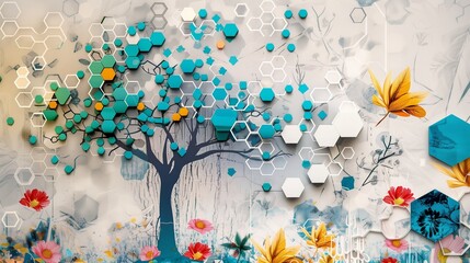 Vibrant turquoise tree and colorful hexagons create a striking effect against white lattice and floral oak.