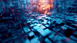 Futuristic digital landscape of glowing blue cubic structures with dynamic particles.