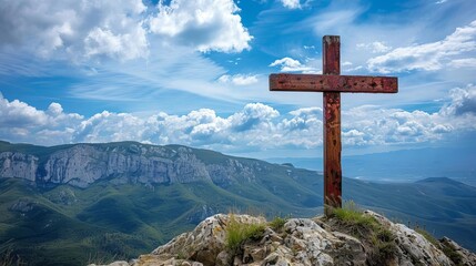 rustic wooden cross atop rocky mountaintop spiritual christian symbol in nature