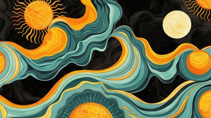 Textile sleeve featuring an intricate pattern of suns, moons, and swirls on a black background. The design incorporates elements of organisms, plants, and art in electric blue, aqua, and symmetry