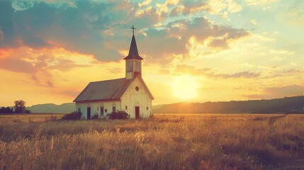 vintage toned picture of old church in field at sunset nostalgic landscape